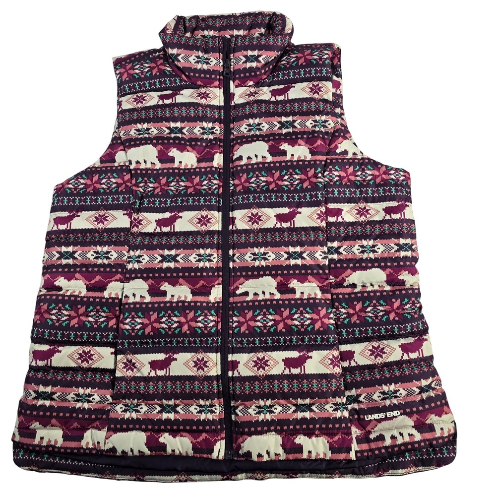 Lands End Womens Vest Fair Isle Bear Print Puffer Padded Full Zip Burgundy Large